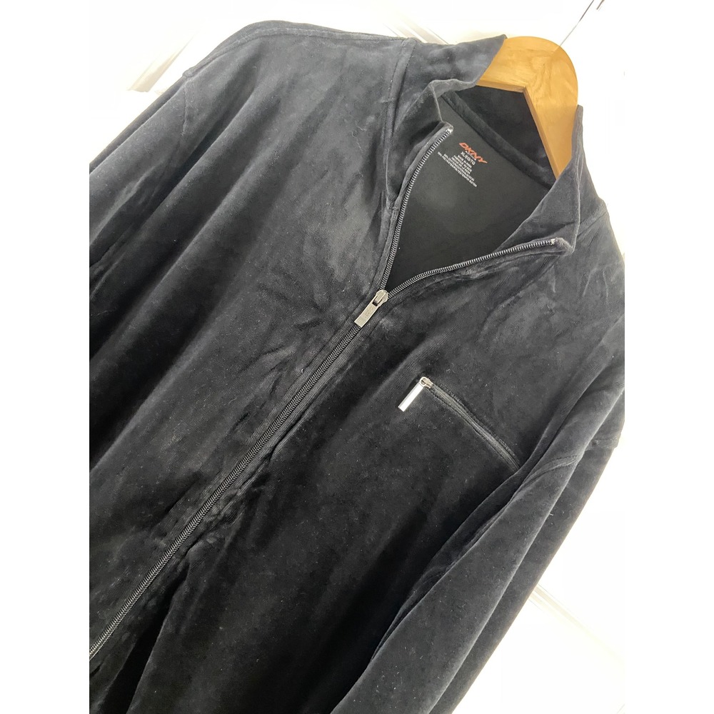 DKNY Active Mens XL Black Velour Full Zip Track Jacket Mock Neck hip hop Y2K